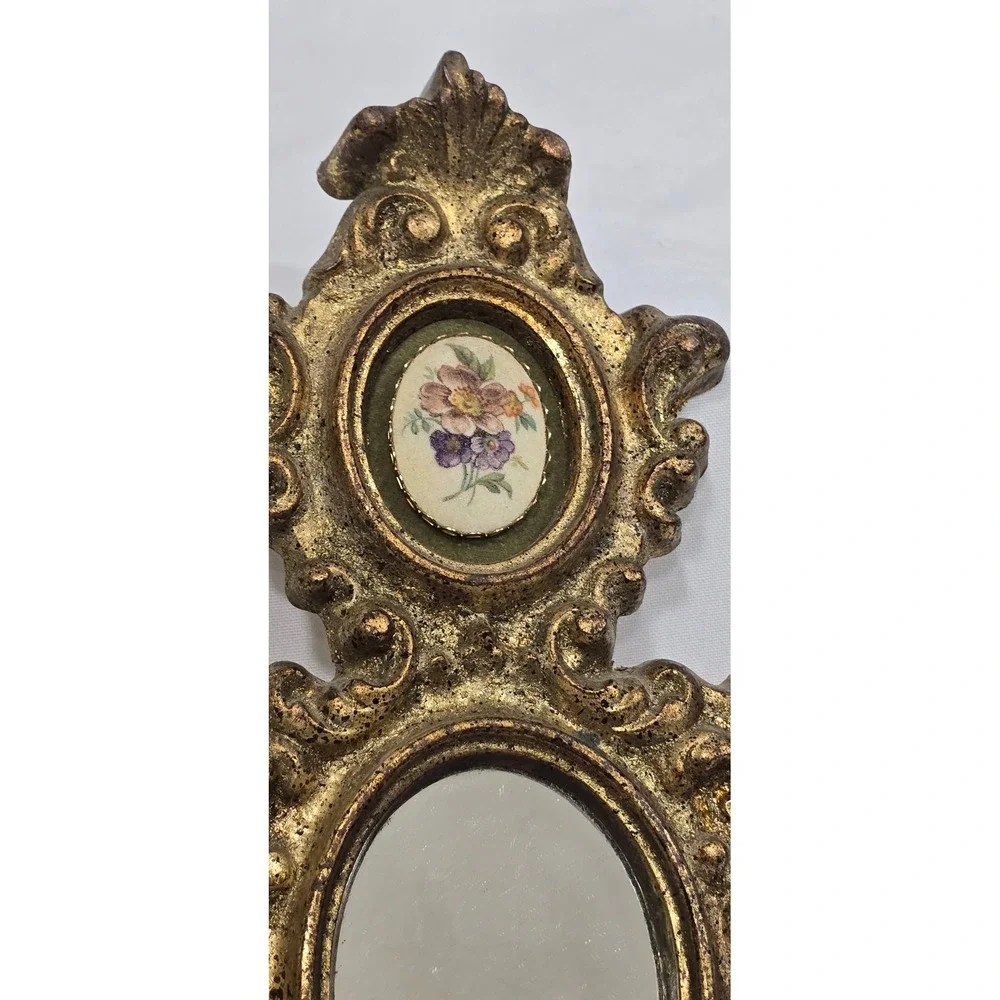 Vintage 1950s E.A. Riba wall plaque gold frame floral beaded glass cameo mirror